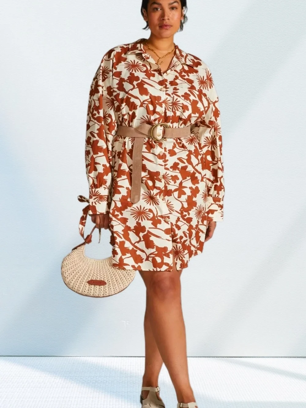 Sunday In Brooklyn Button-Front Mini Shirtdress Cream Rust Botanical Size 3X
